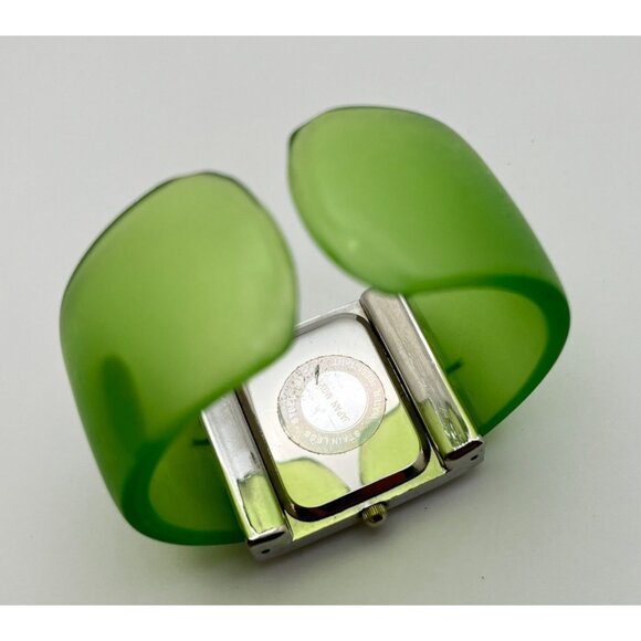 Green Opaque Womens Wide Cuff Watch Silver Tone Square Face Cannes Retro 80s - Picture 3 of 7